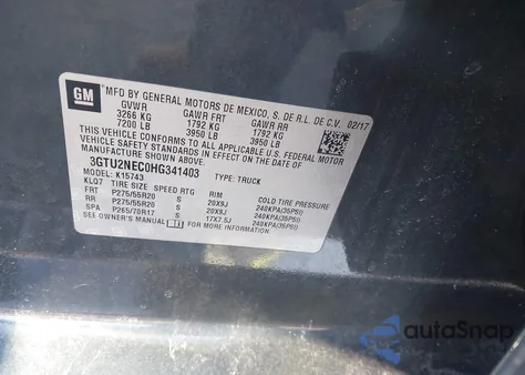 2017 GMC Sierra 1500 Slt from USA, damaged, VIN 3GTU2NEC0HG341403